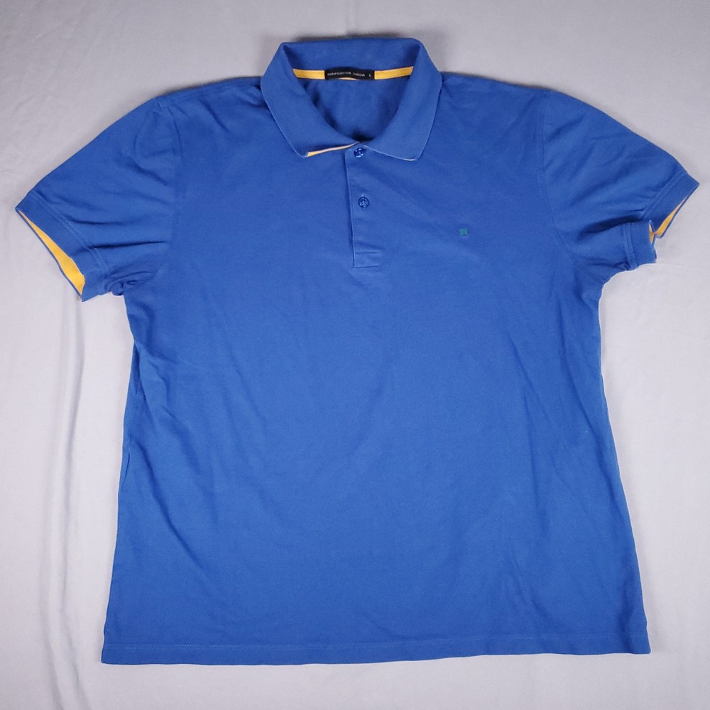 Purificacion Garcia Polo Shirt Mens Large Fit Med Blue Cotton Pique Yellow Trim